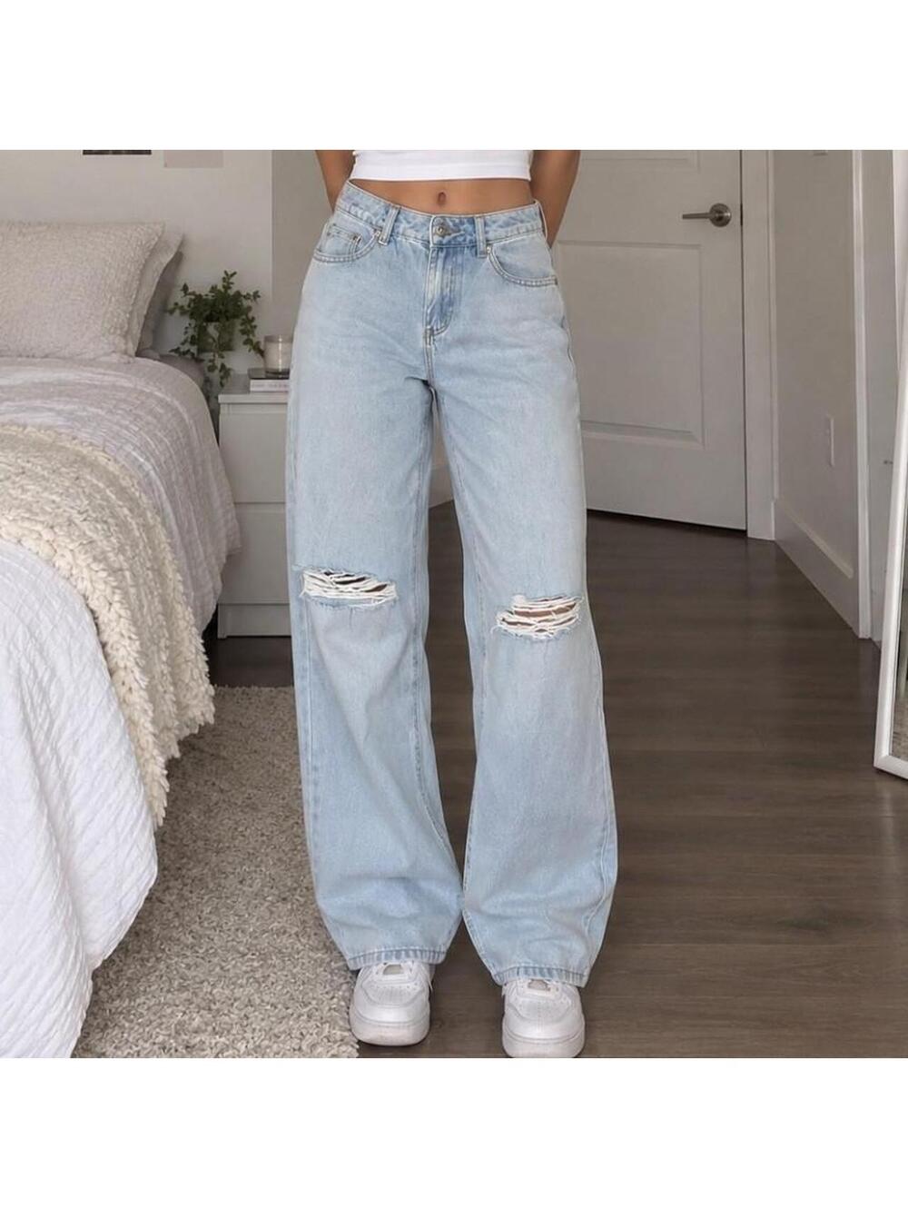 Edikted Light Wash Ripped Wide Leg Jeans Size Small
